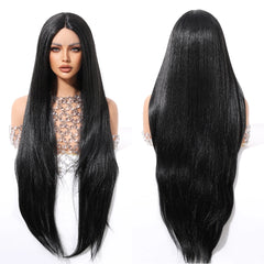Future Fiber 32-Inch 13x1x6 T-Shaped Lace Front Wig Soft Smooth Black Lace Wig Closed Cap Real Photo Straight Style Transparent