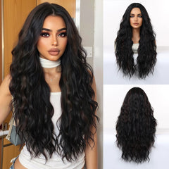 Synthetic Future Fiber Long Red-Brown for Ombre Mixed Stripes Wig Elastic Cap Natural Loose Wavy No Bangs Water Wave Style