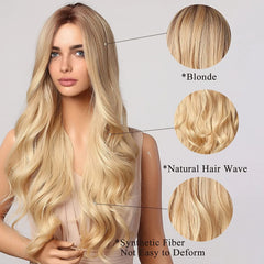 MOQ1 Long Light Golden Body Wave Synthetic Wigs Middle Part Blonde Curly Wig High Quality Soft Hair