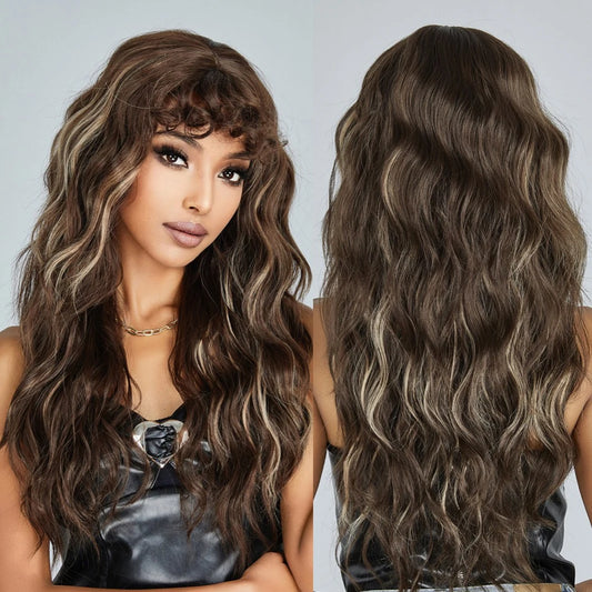 Dark Brown Kinky Curly Wave Mixed Blonde Synthetic Wigs with Bangs Deep Wave Long Hair Wig for Women