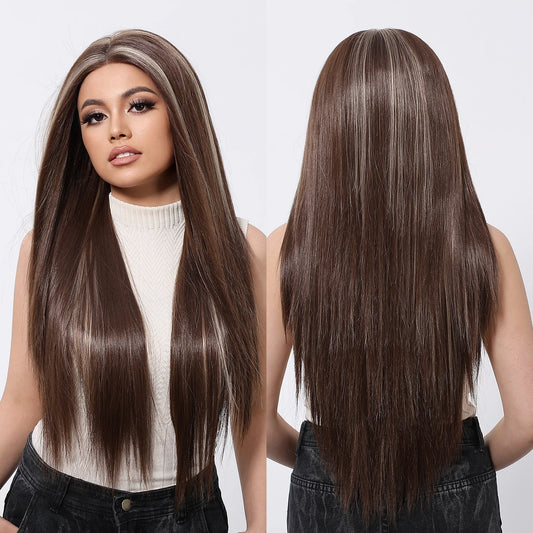 13x6 Free Hair Part Synthetic Future Fiber Lace Wig Soft Straight Deep Brown Blonde Stripe Heat-resistant Smooth High Density