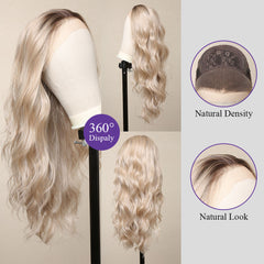 Japan Fiber 13*4 Lace Frontal Blonde Synthetic Wig Long Ombre Blonde Wave Lace Wig for Women Natural Hairline Wig