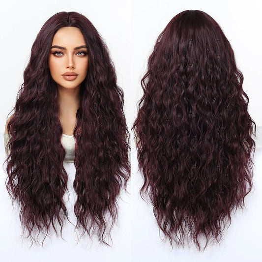Synthetic Fiber Wig Long Dark Red Rose Red African Curly Super Wave Heat-Resistant Elastic Cap Natural Loose Wave