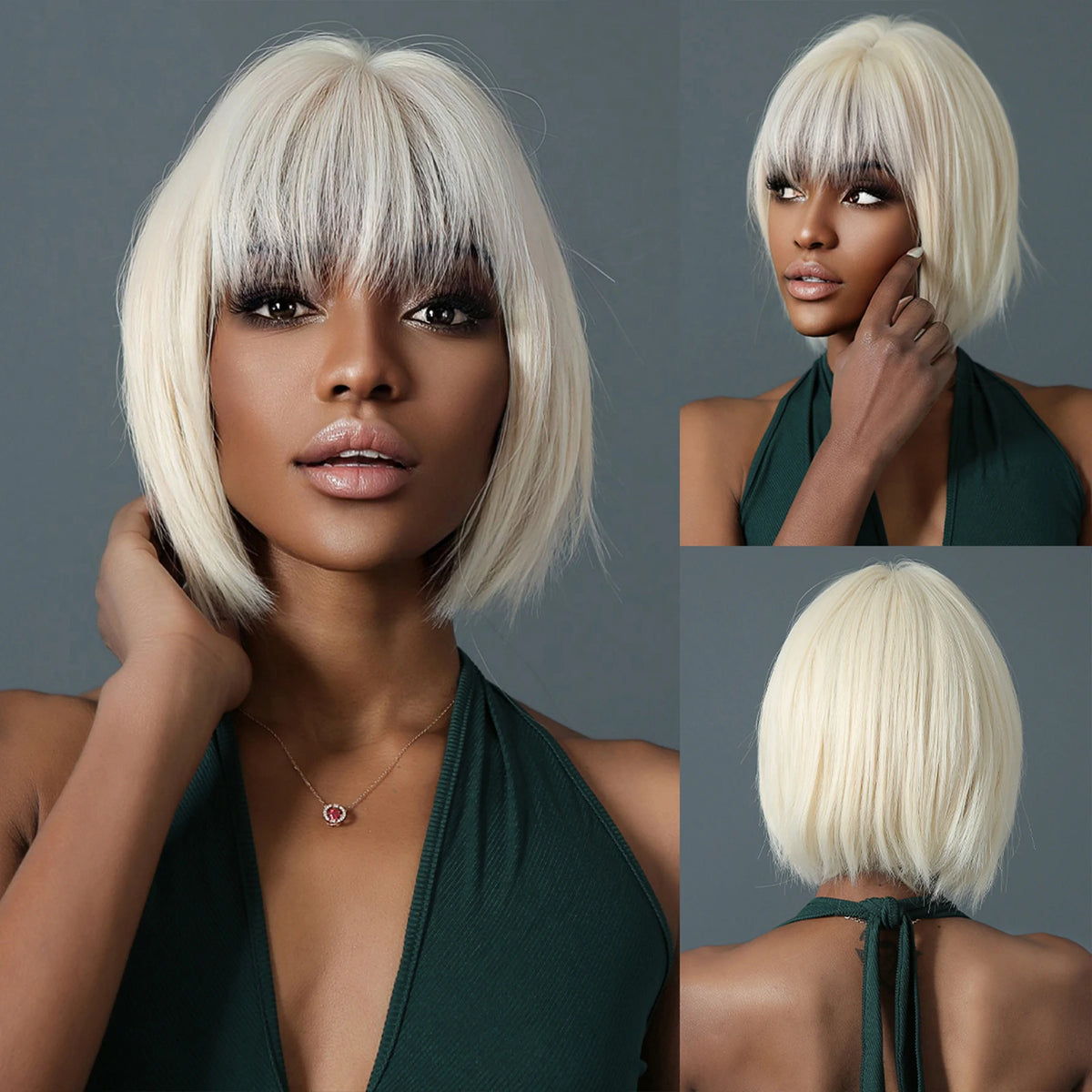 Outlet Synthetic Bob Short Hair with Bangs Straight Black Brown Natural Color Rose Net Wig Heat Resistant