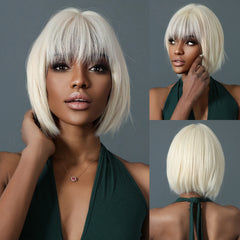 Outlet Synthetic Bob Short Hair with Bangs Straight Black Brown Natural Color Rose Net Wig Heat Resistant