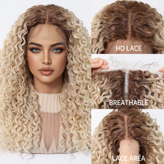 Brown Root Ombre Blonde Super Curly Bob Lace Wig Future Fiber Soft and Breathable Closed African Wig Real Photo