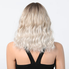 Stock Enough Blonde White Ombre Medium Length Synthetic Wig With Bang Wave Wig Curly Natural Wig Durable Smooth Live Photos