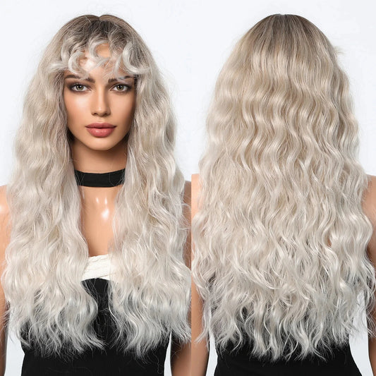 MOQ1 Ombre Blonde Curly Wigs with Bangs Long Wave Synthetic Full Wig Cute Party Cosplay Wig High Temperature False Hair