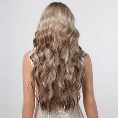 Wigs Wholesale Long Curly Blonde Ombre Synthetic Wigs with Bangs Brown Highlights Water Wavy Hair Wig for Black Women