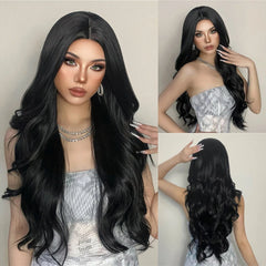 MOQ1 Long Black Body Wave Synthetic Hair Wig Middle Parting Black Natural Curly Wig for Women Heat Resistant