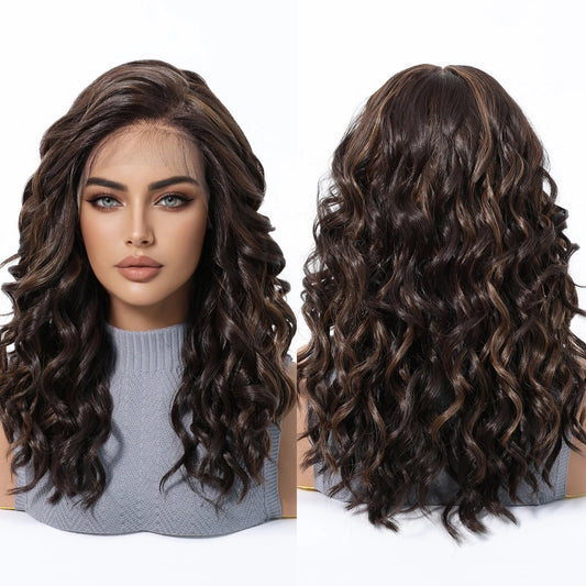 Synthetic Future Fiber 13*6 HD Lace Wig Soft Super African Curly Wig High Density Dark Brown Mixed Brown Golden Ombre Wig