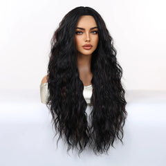 Synthetic Future Fiber Long Black Mixed Brown Stripes Heat-Resistant Elastic Cap Natural Loose Wave No Bangs Hairline Wig