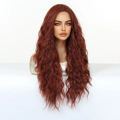 Synthetic Fiber Long Red Brown African Curl Super Wave Heat Resistant Elastic Cap Natural Loose Water Wave Hair No Bangs