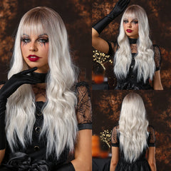 Heat Resistant Fiber Long Wig Platinum Ombre Natural Curly Hair Synthetic Bangs Wig Curly Hair Matte High Density Real Photo