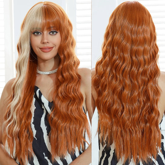 Curly Orange Copper Ginger Ombre Blonde Long Wavy Wigs with Bangs for Women Cosplay Christmas Wig