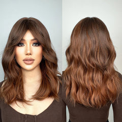 Wigs Wholesale Ash Brown Wave Synthetic Wigs With Bangs Long Brown Highlight Curly Wig Mixed Brown Heat Resistant False Hair