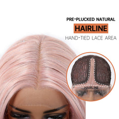 Natural Pink Synthetic Fiber Lace Wig with Long Curly Body Wave Soft Breathable Closed Cap Real-Life Photo of Loose Waves