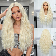 Synthetic Fiber Long Curly Wig with Elastic Cap Natural Blonde Loose Waves No Bangs Sea Wave Style Heat-resistant Wig