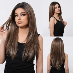 13x6 HD U Lace Wig Synthetic Future Fiber Long Straight Natural Body Wave Dark Brown Stripes White Real Photo Video