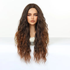 Synthetic Future Fiber Long Medium Brown Ombre Light Brown Mixed Stripes Highlights Elastic Cap Natural Loose Wavy No Bangs Wig