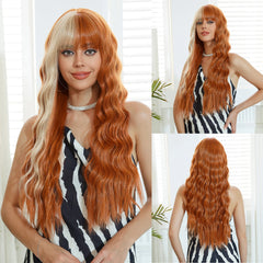 Curly Orange Copper Ginger Ombre Blonde Long Wavy Wigs with Bangs for Women Cosplay Christmas Wig