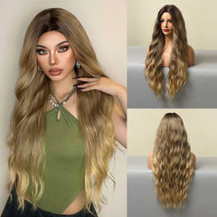 MOQ1 Long Black Body Wave Synthetic Hair Wig Middle Parting Black Natural Curly Wig for Women Heat Resistant