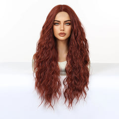 Synthetic Fiber Long Red Brown African Curl Super Wave Heat Resistant Elastic Cap Natural Loose Water Wave Hair No Bangs