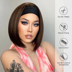 Bob Brown Ombre Gold Stripe Mixed Straight Hairband Wig Synthetic Wig Elastic Cap Heat-resistant Breathable Cap Real Photo