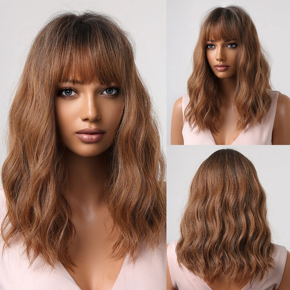 Synthetic Ombre Ash Light Brown Curly Wig with Bangs Middle Length Wavy Natural Hair Wigs Heat Resistant