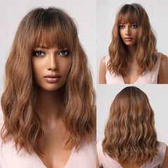 Synthetic Ombre Ash Light Brown Curly Wig with Bangs Middle Length Wavy Natural Hair Wigs Heat Resistant