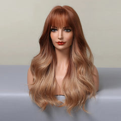Red Brown Layered Gradient Long Synthetic Wig With Bangs Wave Wig Curly Natural Wig Durable Smooth Real Photos