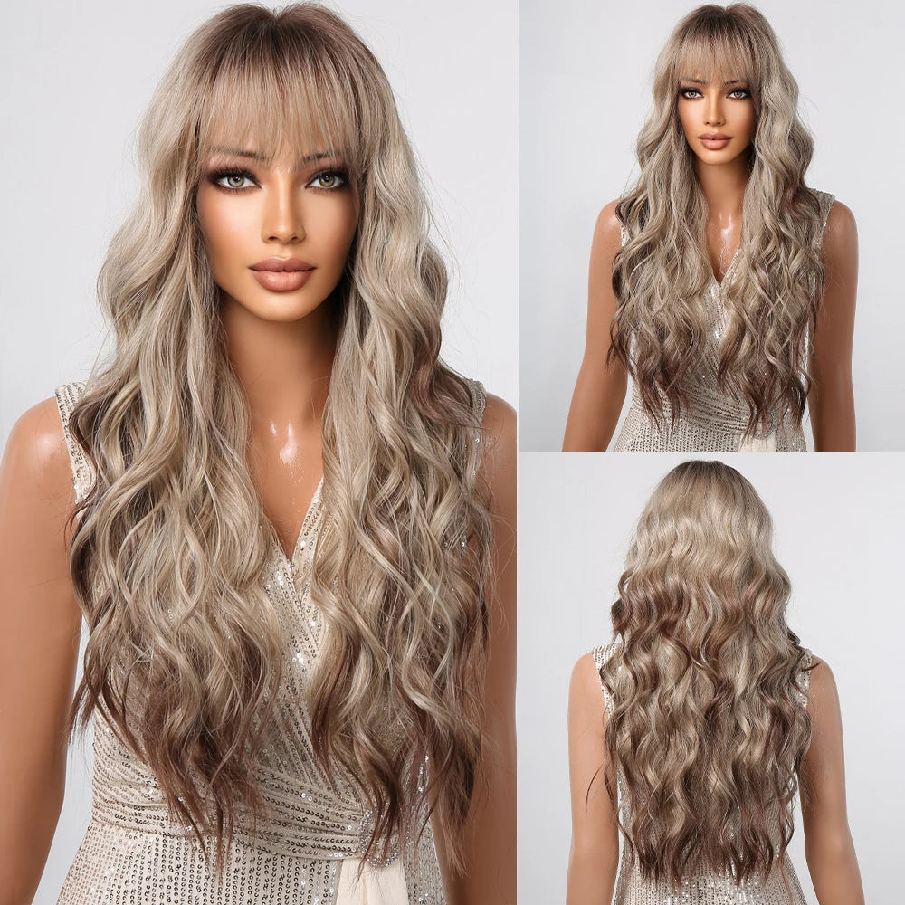 Wigs Wholesale Long Curly Blonde Ombre Synthetic Wigs with Bangs Brown Highlights Water Wavy Hair Wig for Black Women