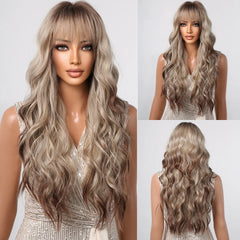 Wigs Wholesale Long Curly Blonde Ombre Synthetic Wigs with Bangs Brown Highlights Water Wavy Hair Wig for Black Women