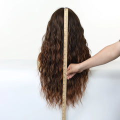 Synthetic Future Fiber Long Medium Brown Ombre Light Brown Mixed Stripes Highlights Elastic Cap Natural Loose Wavy No Bangs Wig