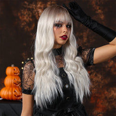 Heat Resistant Fiber Long Wig Platinum Ombre Natural Curly Hair Synthetic Bangs Wig Curly Hair Matte High Density Real Photo