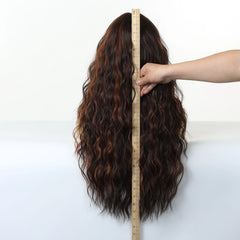 Synthetic Future Fiber Long Brown Mixed Red Stripes Wig with Elastic Cap Natural Loose Wavy No Bangs Organic Capless Wigs