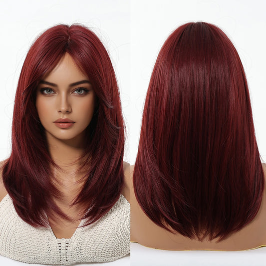 Direct Burgundy Red for Ombre Wig with Bangs High Temperature Fiber Synthetic Hair Elastic Cap Real Photo