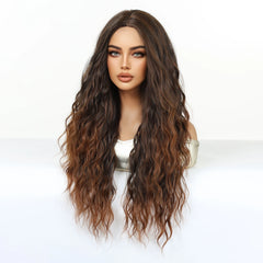 Synthetic Future Fiber Long Medium Brown Ombre Light Brown Mixed Stripes Highlights Elastic Cap Natural Loose Wavy No Bangs Wig