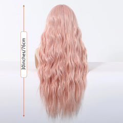 Natural Pink Synthetic Fiber Lace Wig with Long Curly Body Wave Soft Breathable Closed Cap Real-Life Photo of Loose Waves