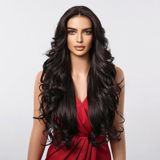 13*6 Large Area Lace Wig Synthetic Future Fiber Long Natural Layered Soft Wave Wig Color Mixing High Density Black Dark Brown