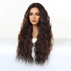 Synthetic Future Fiber Long Brown Mixed Red Stripes Wig with Elastic Cap Natural Loose Wavy No Bangs Organic Capless Wigs