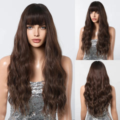 MOQ1 Ombre Blonde Brown Curly Wig Long Wave Hair Wigs with Bangs for White Women Synthetic Wig with Dark Roots Daily Use