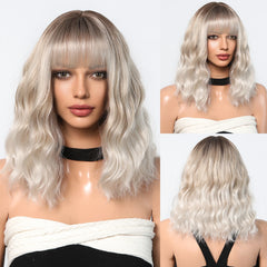 Stock Enough Blonde White Ombre Medium Length Synthetic Wig With Bang Wave Wig Curly Natural Wig Durable Smooth Live Photos