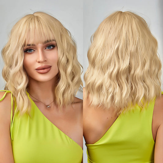 Short Curly Hair With Bangs Blonde Gold Wig Synthetic Hair High Temperature Resistant Daily Durable Fast Shipping