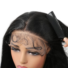Japanese Future Fiber 13x4 Lace Front Synthetic Wig Long Straight 30-Inch Natural Black Soft Hair Bangs High Temperature Fiber
