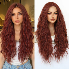 Synthetic Fiber Long Red Brown African Curl Super Wave Heat Resistant Elastic Cap Natural Loose Water Wave Hair No Bangs