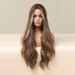 Ombre Ash Brown Blonde Synthetic Wigs with Bangs Long Natural Wave Wigs for Women Cosplay Daily Party Heat Resistant