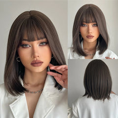 Outlet Synthetic Bob Short Hair with Bangs Straight Black Brown Natural Color Rose Net Wig Heat Resistant