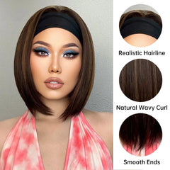 Bob Brown Ombre Gold Stripe Mixed Straight Hairband Wig Synthetic Wig Elastic Cap Heat-resistant Breathable Cap Real Photo