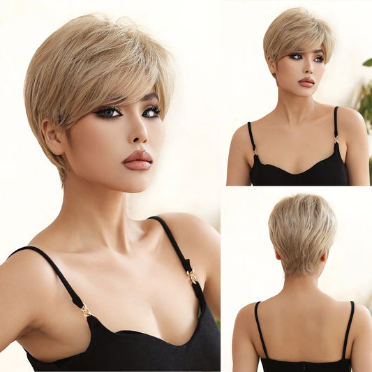 Real Photo Blonde Ombre White Short Pixie Bob Synthetic Wig with Natural Layering and Bangs Suitable for Both Men and Women